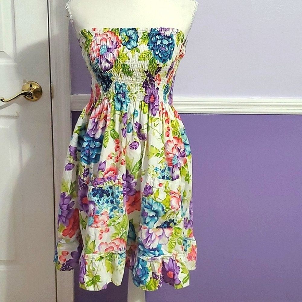 CYN by Cynthia Mehra Colorful Prairie Floral Strapless Ruffled Mini Sundress S